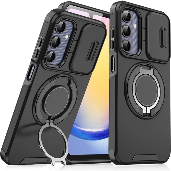 Ntech Hoesje Geschikt voor Samsung Galaxy A17 5G / A26 hoesje Zwart backcover met Met Draaibare Ring Houder en camera bescherming