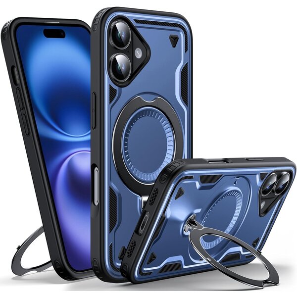 Ntech Hoesje Geschikt voor iPhone 17 Hoesje Donker Blauw - Geschikt voor MagSafe Armor Hoesje met Met Draaibare Ring Houder