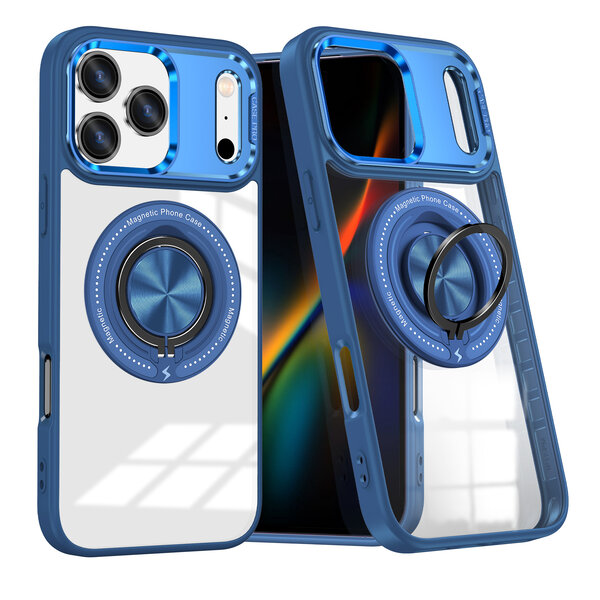 Ntech Magsafe Hoesje Geschikt voor iPhone 17 Pro hoesje Blauw Transparant - Met kickstand Draaibare Ring Houder