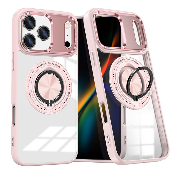 Ntech Magsafe Hoesje Geschikt voor iPhone 17 Pro Max hoesje Rose Goud Transparant - Met kickstand Draaibare Ring Houder