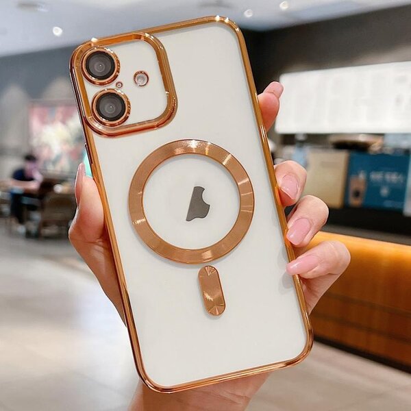 Ntech Magsafe Hoesje Geschikt voor iPhone 17 hoesje Transparant / Goud - Lens beschermer – backcover