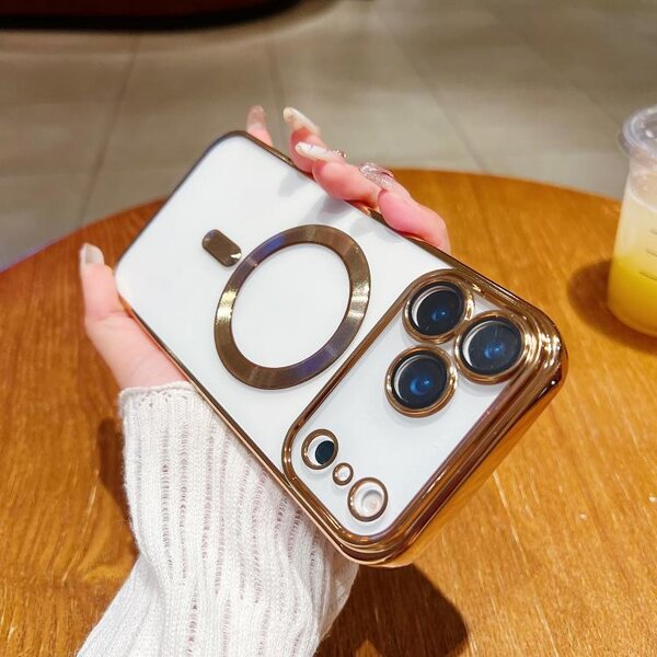 Ntech Magsafe Hoesje Geschikt voor iPhone 17 Pro Max hoesje Transparant / Goud - Lens beschermer – backcover
