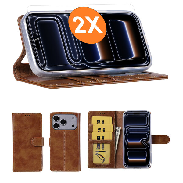 Ntech Hoesje geschikt voor iPhone 17 Pro hoesje Bruin pasjeshouder telefoon hoes - Met screenprotector tempered glass voor iPhone 17 Pro - 2x