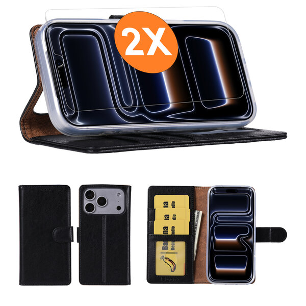 Ntech Hoesje geschikt voor iPhone 17 Pro hoesje Zwart pasjeshouder telefoon hoes - Met screenprotector tempered glass voor iPhone 17 Pro - 2x