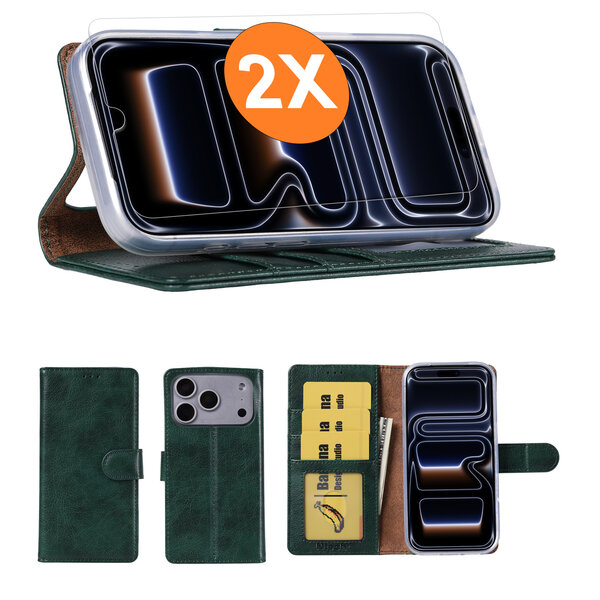 Ntech Hoesje geschikt voor iPhone 17 Pro hoesje Groen pasjeshouder telefoon hoes - Met screenprotector tempered glass voor iPhone 17 Pro - 2x