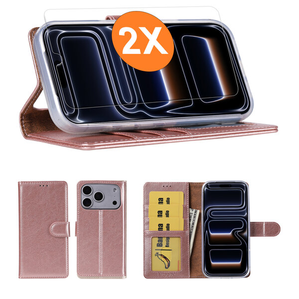 Ntech Hoesje geschikt voor iPhone 17 Pro hoesje Rose Goud pasjeshouder telefoon hoes - Met screenprotector tempered glass voor iPhone 17 Pro - 2x