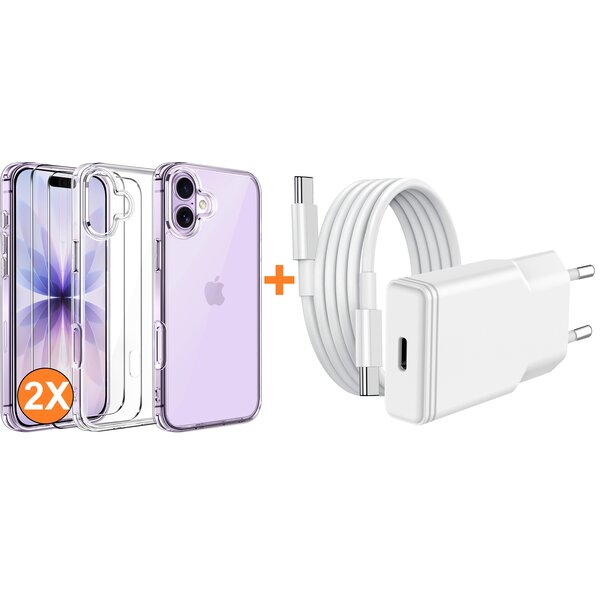 Ntech USB C Adapter - USB C Oplader 20W Met USB C Kabel 1M - Hoesje Geschikt voor iPhone  17 transparant Anti Shock silicone met 2x screenprotector- Ntech COMBI-SET