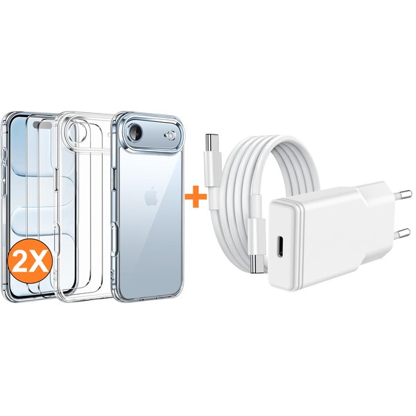 Ntech USB C Adapter iPhone Air - USB C Oplader 20W Met USB C Kabel 1M - Hoesje Geschikt iPhone  17 Air hoesje transparant Anti Shock silicone met 2x screenprotector- Ntech COMBI-SET