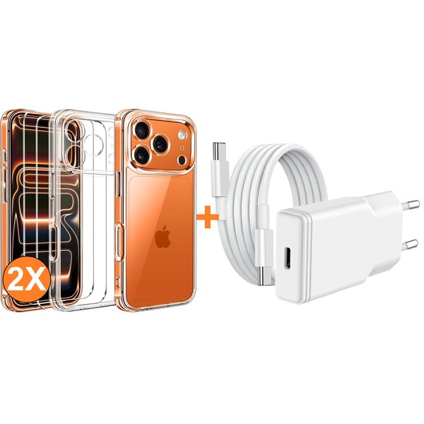 Ntech USB C Adapter iPhone 17 Pro Max - USB C Oplader 20W Met USB C Kabel 1M - Hoesje Geschikt iPhone  17 Pro Max hoesje transparant Anti Shock silicone met 2x screenprotector- Ntech COMBI-SET