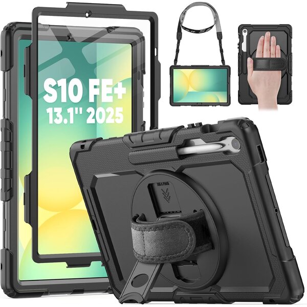 Ntech Hoes met ingebouwde Screenprotector Geschikt voor Samsung Galaxy Tab S10 FE+ Plus Tablet Case 13.1 inch hoes  Extreme Armor met screenprotector, Schouderiem, Handriem en Pencilhouder hoes - voor Horeca en Bouw - Zwart