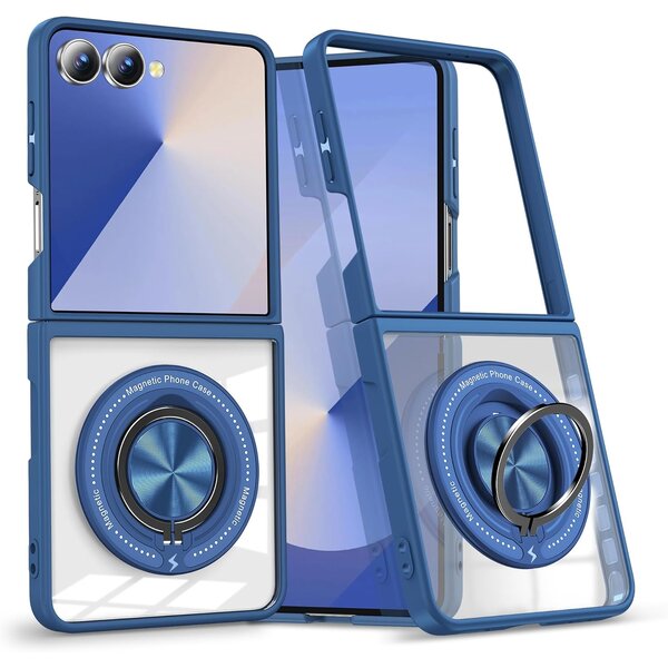 Ntech Magsafe Hoesje Geschikt voor Samsung Flip 7 hoesje Blauw Transparant - Met kickstand Draaibare Ring Houder