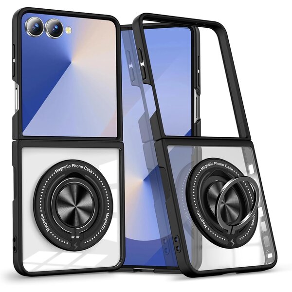 Ntech Magsafe Hoesje Geschikt voor Samsung Flip 7 hoesje Zwart Transparant - Met kickstand Draaibare Ring Houder