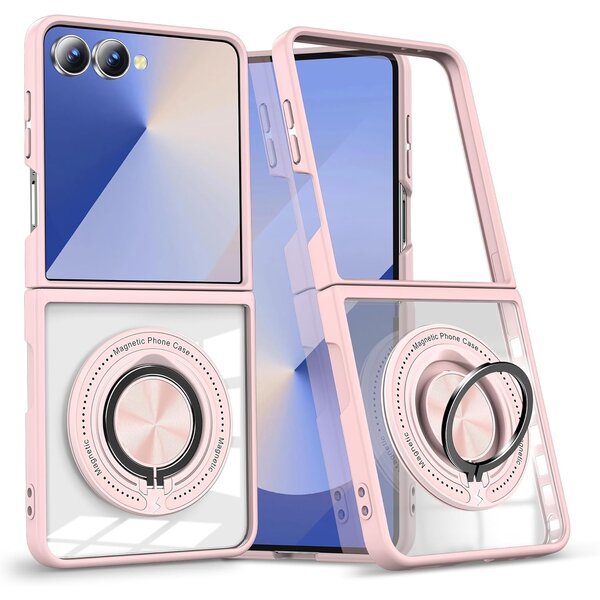 Ntech Magsafe Hoesje Geschikt voor Samsung Flip 7 hoesje Rose Goud Transparant - Met kickstand Draaibare Ring Houder