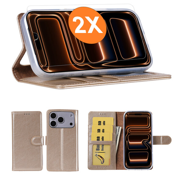 Ntech Hoesje geschikt voor iPhone 17 Pro Max hoesje Goud pasjeshouder telefoon hoes - Met screenprotector tempered glass voor iPhone 17 Pro Max - 2x