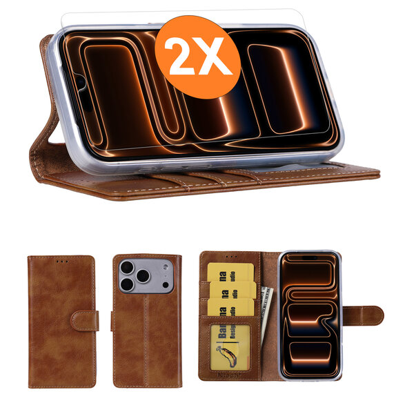 Ntech Hoesje geschikt voor iPhone 17 Pro Max hoesje Bruin pasjeshouder telefoon hoes - Met screenprotector tempered glass voor iPhone 17 Pro Max - 2x