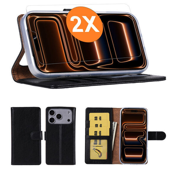 Ntech Hoesje geschikt voor iPhone 17 Pro Max hoesje Zwart pasjeshouder telefoon hoes - Met screenprotector tempered glass voor iPhone 17 Pro Max - 2x