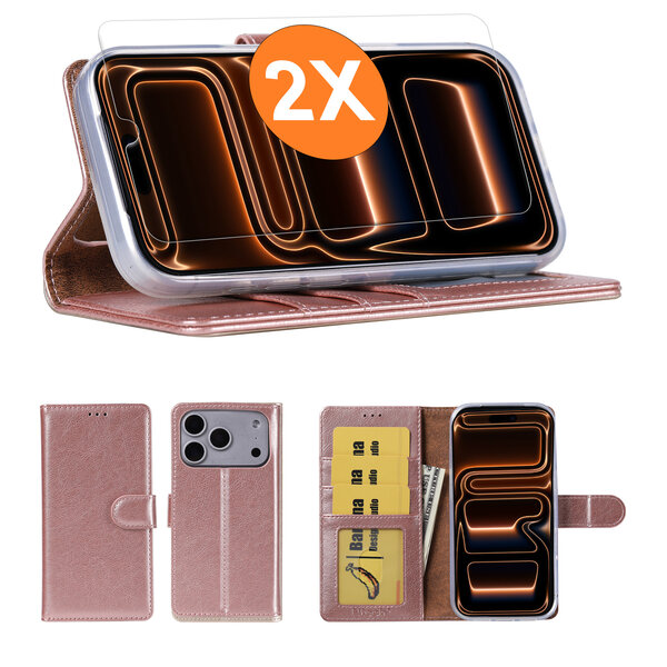Ntech Hoesje geschikt voor iPhone 17 Pro Max hoesje Rose Goud pasjeshouder telefoon hoes - Met screenprotector tempered glass voor iPhone 17 Pro Max - 2x