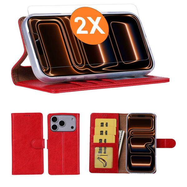 Ntech Hoesje geschikt voor iPhone 17 Pro Max hoesje Rood pasjeshouder telefoon hoes - Met screenprotector tempered glass voor iPhone 17 Pro Max - 2x