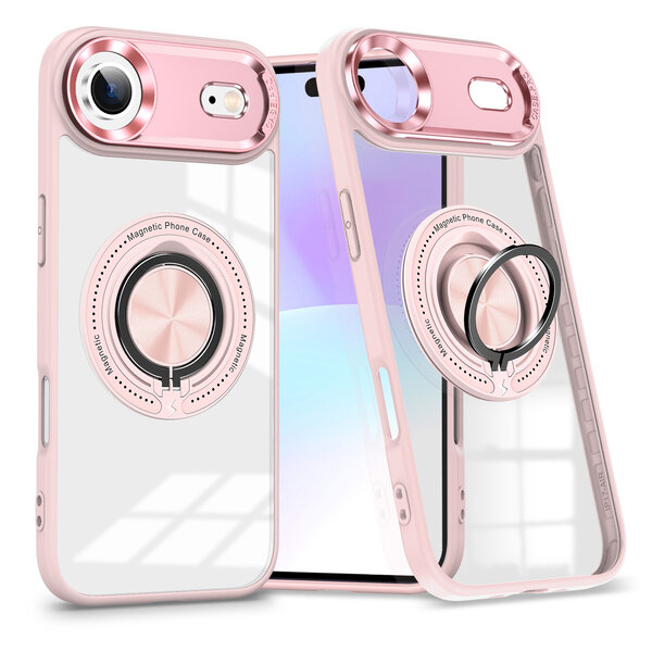 Ntech Magsafe Hoesje Geschikt voor iPhone Air hoesje Rose Goud Transparant - Met kickstand Draaibare Ring Houder