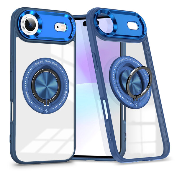 Ntech Magsafe Hoesje Geschikt voor iPhone Air hoesje Blauw Transparant - Met kickstand Draaibare Ring Houder