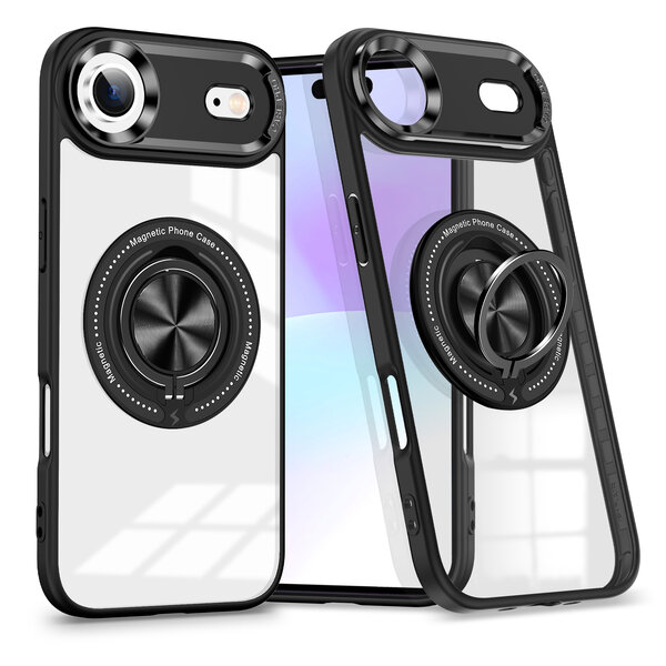 Ntech Magsafe Hoesje Geschikt voor iPhone Air hoesje Zwart Transparant - Met kickstand Draaibare Ring Houder