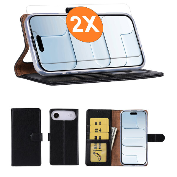 Ntech Hoesje geschikt voor iPhone Air hoesje Zwart pasjeshouder telefoon hoes - Met screenprotector tempered glass voor iPhone Air - 2x