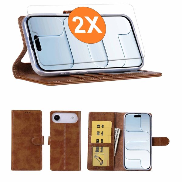 Ntech Hoesje geschikt voor iPhone Air hoesje Bruin pasjeshouder telefoon hoes - Met screenprotector tempered glass voor iPhone Air - 2x