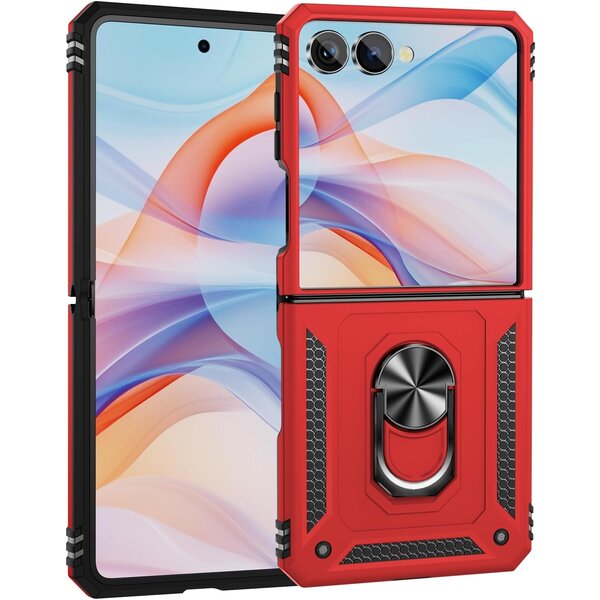 Ntech Hoesje Geschikt voor Samsung Galaxy Flip 7 Hoesje Rood - Anti-Shock Hybrid Armor hoesje Met Draaibare Ring Houder