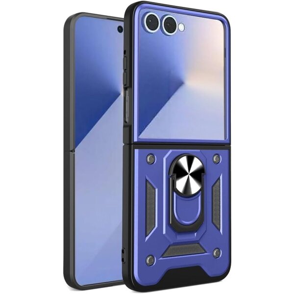 Ntech Hoesje Geschikt voor Samsung Galaxy Flip 7 Hoesje Blauw - Anti-Shock Hybrid Armor hoesje Met Draaibare Ring Houder