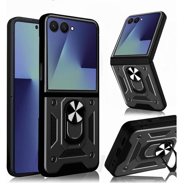 Ntech Hoesje Geschikt voor Samsung Galaxy Flip 7 Hoesje Zwart - Anti-Shock Hybrid Armor hoesje Met Draaibare Ring Houder