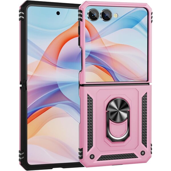 Ntech Hoesje Geschikt voor Samsung Galaxy Flip 7 Hoesje Licht Roze - Anti-Shock Hybrid Armor hoesje Met Draaibare Ring Houder