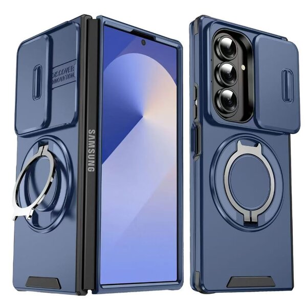 Ntech Hoesje Geschikt voor Samsung Galaxy Fold 7 hoesje Blauw - backcover met Met Draaibare Ring Houder en camera bescherming