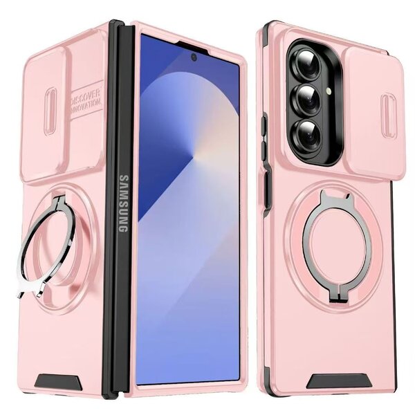 Ntech Hoesje Geschikt voor Samsung Galaxy Fold 7 hoesje Rose Goud - backcover met Met Draaibare Ring Houder en camera bescherming