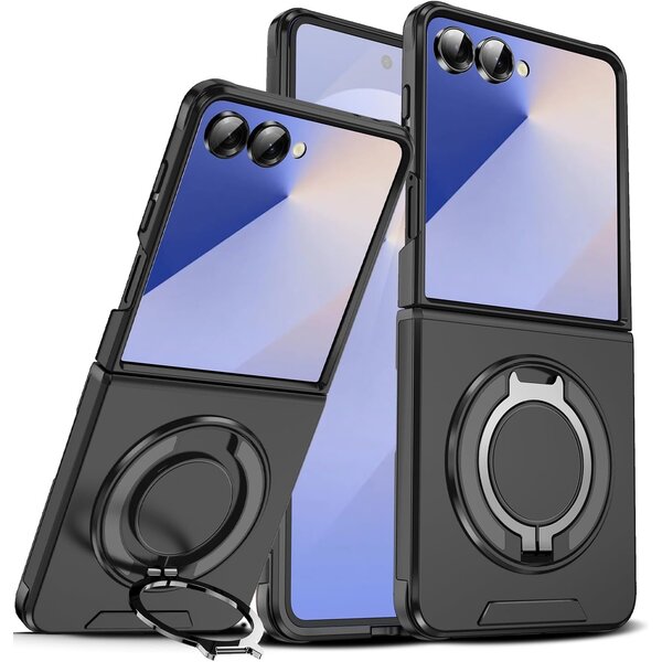 Ntech Hoesje Geschikt voor Samsung Galaxy Flip 7 hoesje Zwart - backcover met Met Draaibare Ring Houder