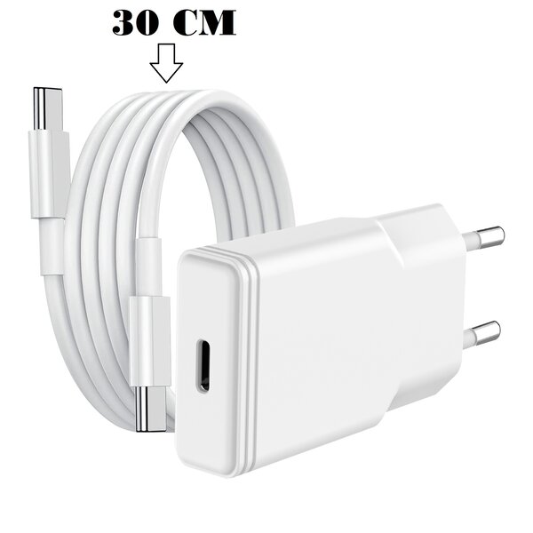 Ntech USB C Adapter 20W oplader met (30 cm) USB C naar C kabel Geschikt voor Samsung A56 / A36 / A26 / S25 Ultra / S25 FE/ A17 / A16 / Tab A11 Plus / A54 / A55 / S23 FE / S24 Ultra / S24 FE / iPhone 17 / 17 Pro / 15 / 15 Pro / 16 / 16 Pro Max