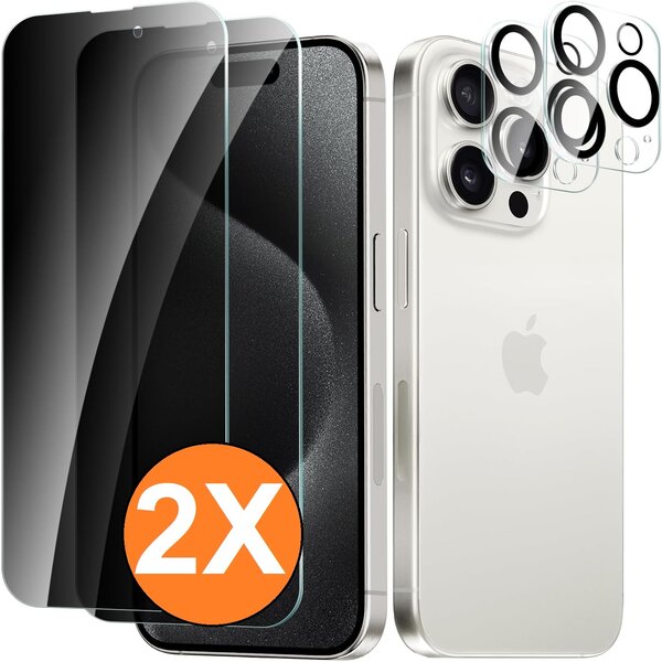 Ntech Privacy screenprotector Geschikt voor iPhone 15 Pro Max screenprotector Privacy Met iPhone 15 Pro Max camera lens - Complete bescherming voor iPhone 15 Pro Max scherm en camera in één set - 2X
