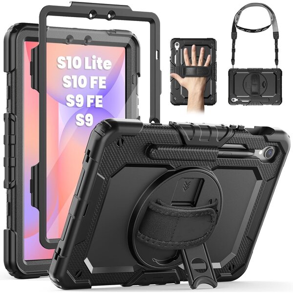Ntech Hoes met ingebouwde Screenprotector Geschikt voor Samsung Galaxy Tab S10 Lite / S10 FE / S9 FE / S9 5G (10.9''/11'') hoes  Extreme Armor met screenprotector, Schouderiem, Handriem en Pencilhouder hoes - voor Horeca en Bouw - Zwart