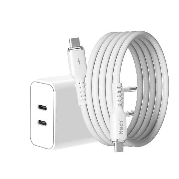 Ntech  USB C Adapter 35W - USB C Oplader 2 poorten met 1M Kabel Geschikt voor iPhone 17/ 17 Pro / 16 Pro / 15 / 15 Pro Max - Oplader Samsung Galaxy S25/S24/S23/S22/S25 FE/ Tab A11 Plus/ A9 Plus - Snellader - Dual Poorten USB C Adapter - USB C Lader