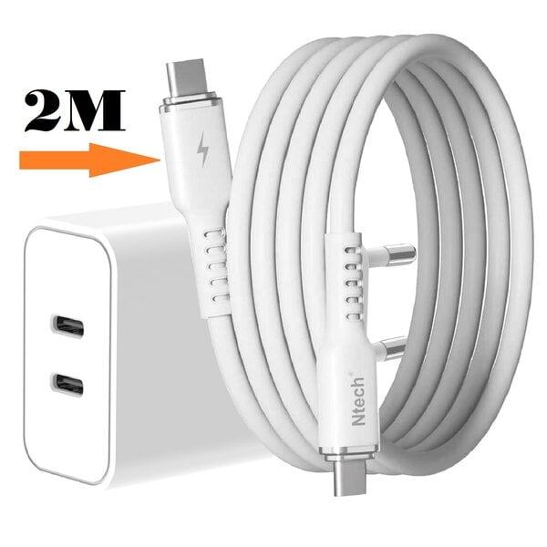 Ntech  USB C Adapter 35W - USB C Oplader 2 poorten met 2M Kabel Geschikt voor iPhone 17/ 17 Pro / 16 Pro / 15 / 15 Pro Max - Oplader Samsung A56/A36/A17/A26/A16/S25/S24 ultra/S23/S22/S25 FE/ Tab A11 Plus/ A9 Plus - Dual Poorten USB C Adapter - USB C Lader