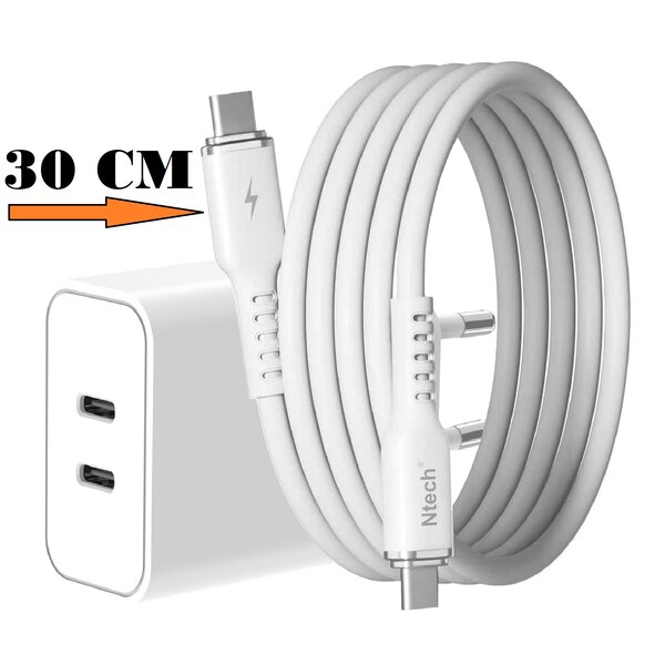 Ntech  USB C Adapter 35W - USB C Oplader 2 poorten met 30cm Kabel Geschikt voor iPhone 17/ 17 Pro / 16 Pro / 15 / 15 Pro Max - Oplader Samsung Galaxy S25/S24/S23/S22/S25 FE/ Tab A11 Plus/ A9 Plus - Snellader - Dual Poorten USB C Adapter - USB C Lader
