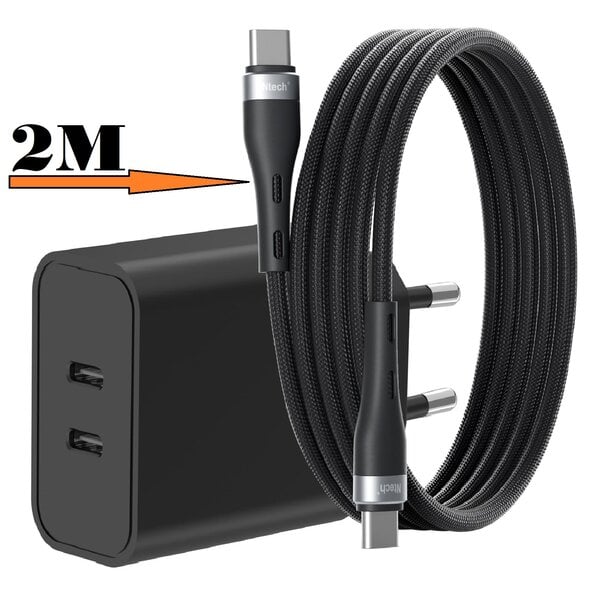 Ntech  USB C Adapter 35W - USB C Oplader 2 poorten met 2M Kabel Geschikt voor iPhone 17/ 17 Pro / 16 Pro / 15 / 15 Pro Max - Oplader Samsung A56/A36/A17/A26/A16/S25/S24 ultra/S23/S22/S25 FE/ Tab A11 Plus/ A9 Plus - Dual Poorten USB C Adapter - USB C Lader