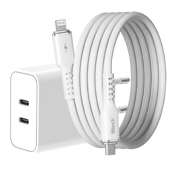 Ntech USB C Adapter / iPhone Oplader - iPhone Lader 2 poorten 35W Met 1M lightning naar usb C kabel Geschikt voor iPhone 14/ 14 Pro/ 14 Max/ 13/ 13 Pro/ 13 Pro Max/ 12/ 11/ Xr/ Xs Max/ 8/ 8 Plus/ Pro - Oplader / Snellader geschikt voor Apple iPhone