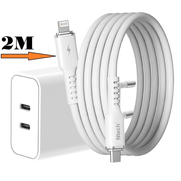 Ntech USB C Adapter / iPhone Oplader - iPhone Lader 2 poorten 35W Met 2M lightning naar usb C kabel Geschikt voor iPhone 14/ 14 Pro/ 14 Max/ 13/ 13 Pro/ 13 Pro Max/ 12/ 11/ Xr/ Xs Max/ 8/ 8 Plus/ Pro - Oplader / Snellader geschikt voor Apple iPhone