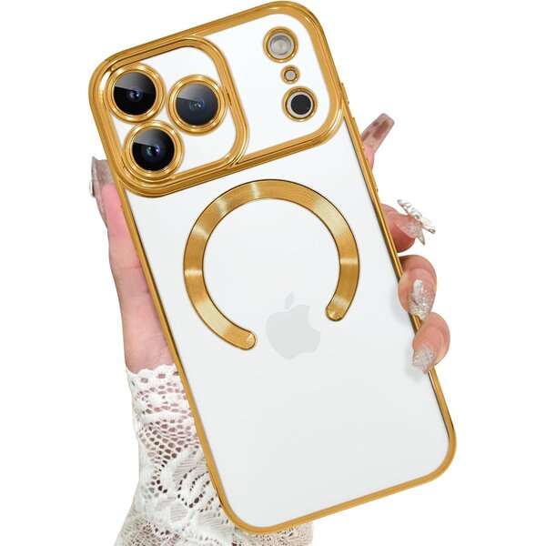 Ntech Magsafe Hoesje Geschikt voor iPhone 17 Pro hoesje Transparant / Goud - Lens beschermer – backcover