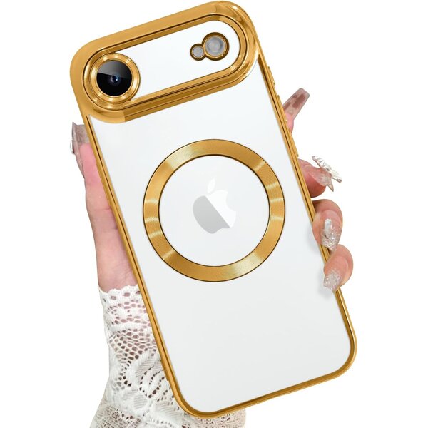 Ntech Magsafe Hoesje Geschikt voor iPhone Air hoesje Transparant / Goud - Lens beschermer – backcover