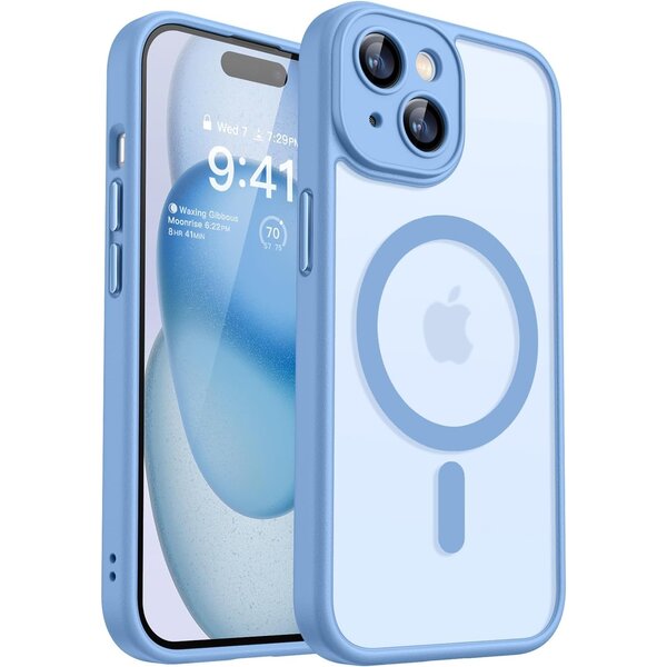 Ntech Hoesje Geschikt voor iPhone 15 Plus Hoesje Licht Blauw - Hoesje Geschikt voor MagSafe iPhone 15 Plus - Shockproof Back Cover met Lens beschermer