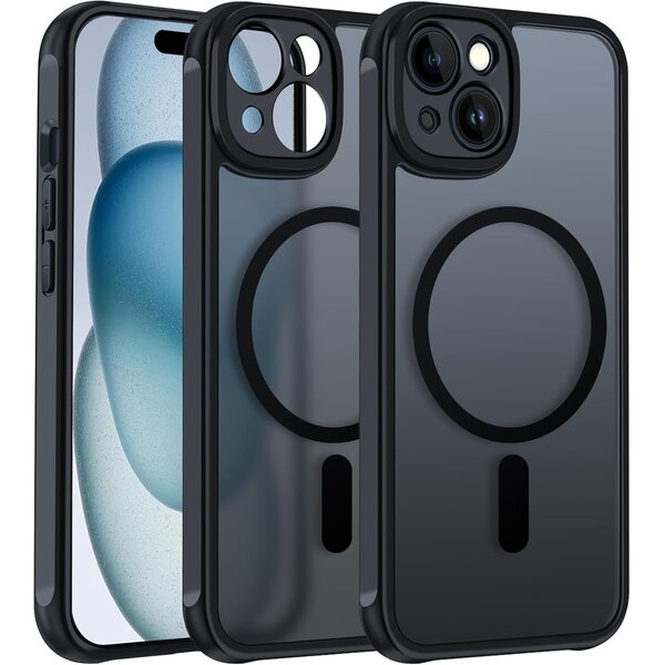 Ntech Hoesje Geschikt voor iPhone 15 Plus Hoesje Zwart - Hoesje Geschikt voor MagSafe iPhone 15 Plus - Shockproof Back Cover met Lens beschermer