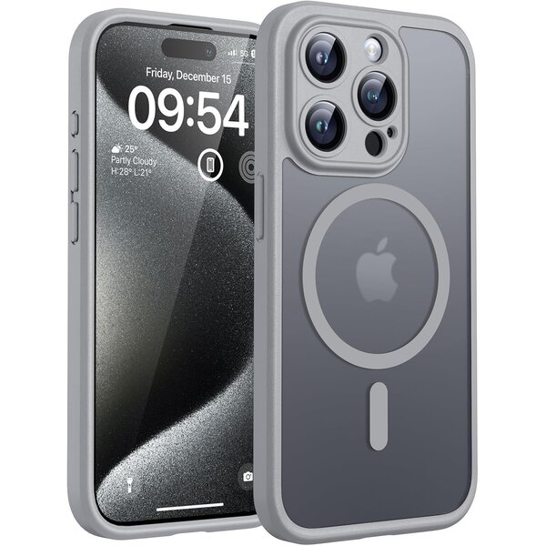 Ntech Hoesje Geschikt voor iPhone 15 Pro Max Hoesje Grijs - Hoesje Geschikt voor MagSafe iPhone 15 Pro Max - Shockproof Back Cover met Lens beschermer