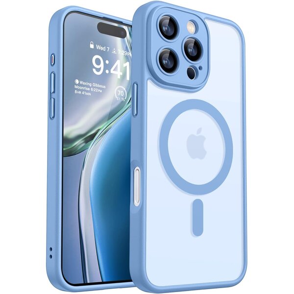 Ntech Hoesje Geschikt voor iPhone 16 Pro Max Hoesje Licht Blauw - Hoesje Geschikt voor MagSafe iPhone 16 Pro Max - Shockproof Back Cover met Lens beschermer