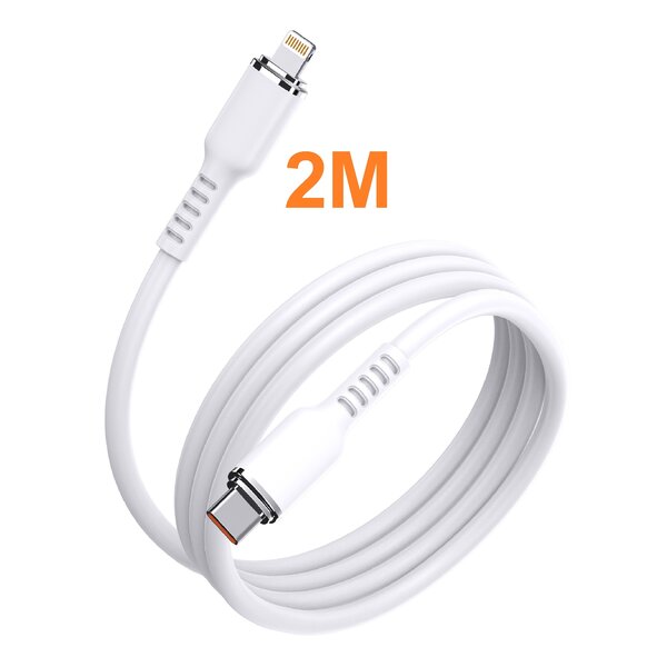 Ntech usb c kabel 2M - usb c kabel apple Silicone wit - Oplader kabel geschikt voor iPhone - Kabel geschikt voor lightning iPhone 14 / 14 Pro / 14 Pro Max / 13 / 13 Pro Max / 12 / 12 Pro Max / 11 / 11 Pro Max / iPad 2018 / iPad 2021 /